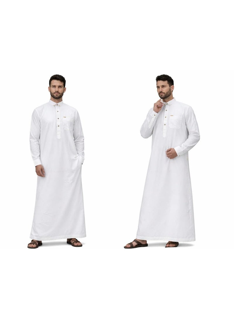 ثوب إماراتي فاخر للرجال، أبيض، بأكمام طويلة، ياقة تقليدية مخيطة يدويًا، إغلاق بأزرار، مقاس 58 متوسط - Image 2